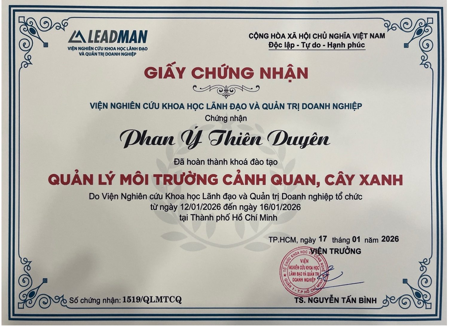 Chứng chỉ Phan Ý Thiên Duyên
